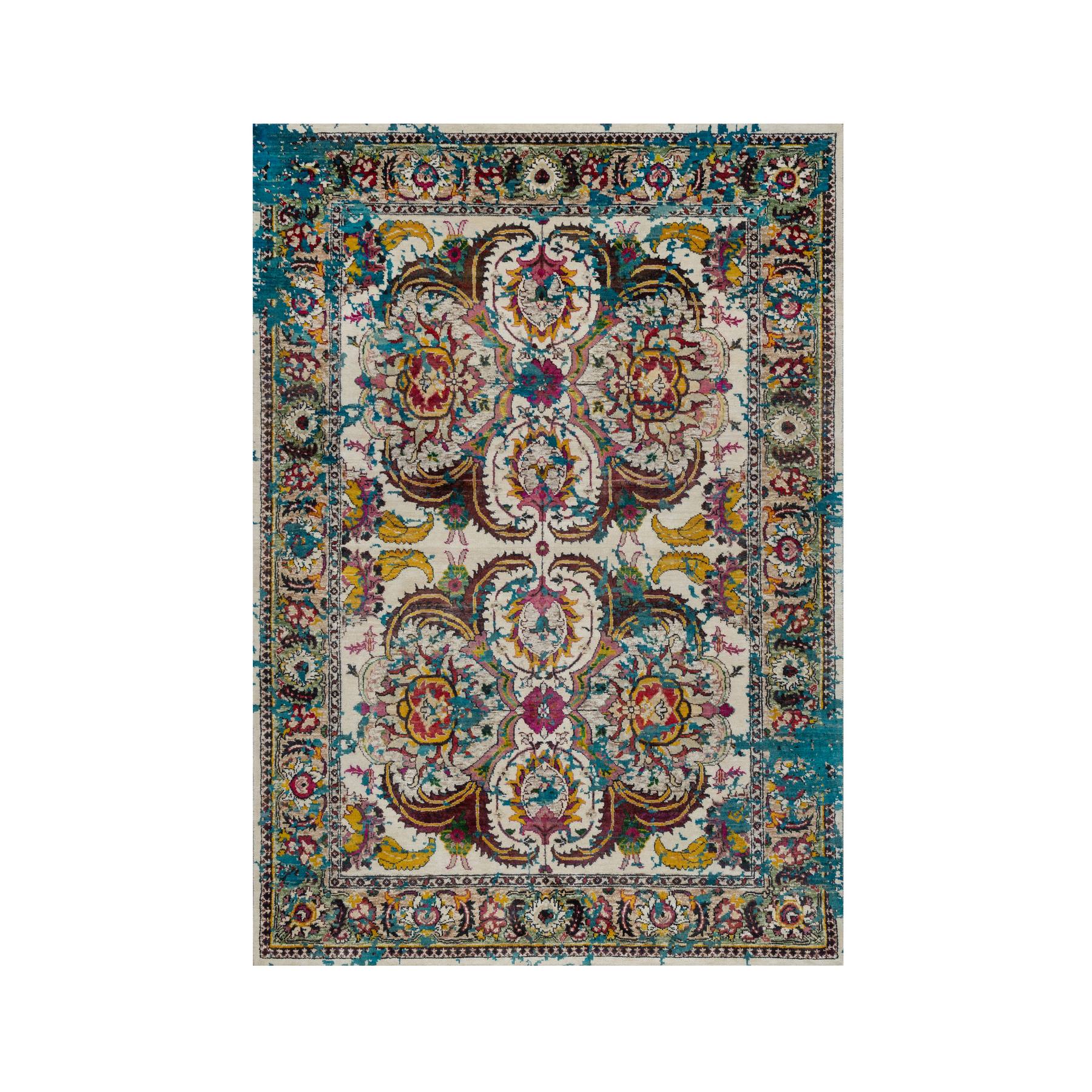5'x7'1" Cream White, Colorful Polonaise Broken Design, Wool and Sari Silk, Hand Knotted, Oriental Rug 